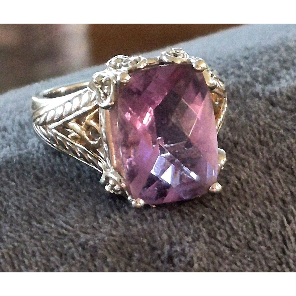 Vtg  Style 925 Sterling Silver Amethyst Two Tone Filigree Cocktail Ring Size 7.5